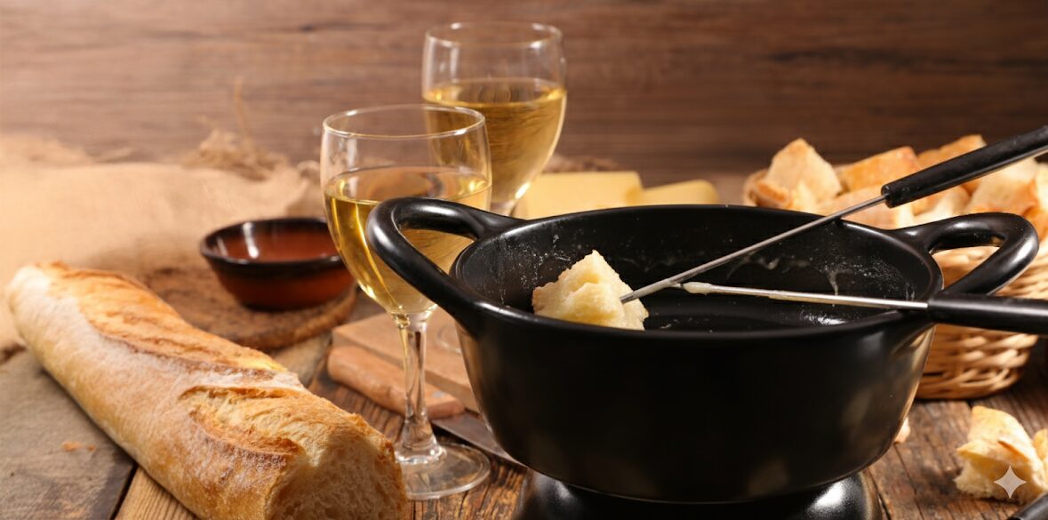 Käsefondue auf einem Holztisch